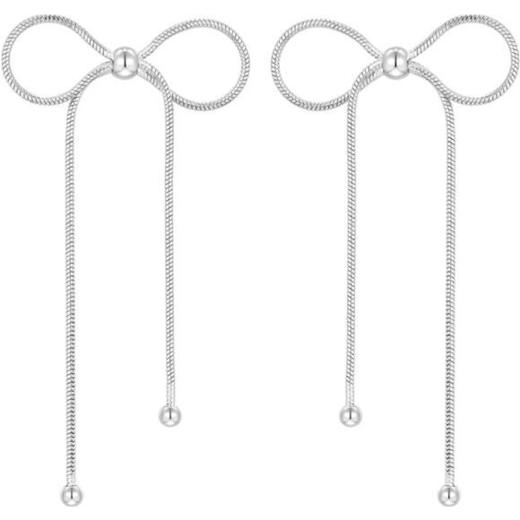 Silver Bow Earrings – White Gold Plated, Dangle Tassel Design - Picture 1 of 7